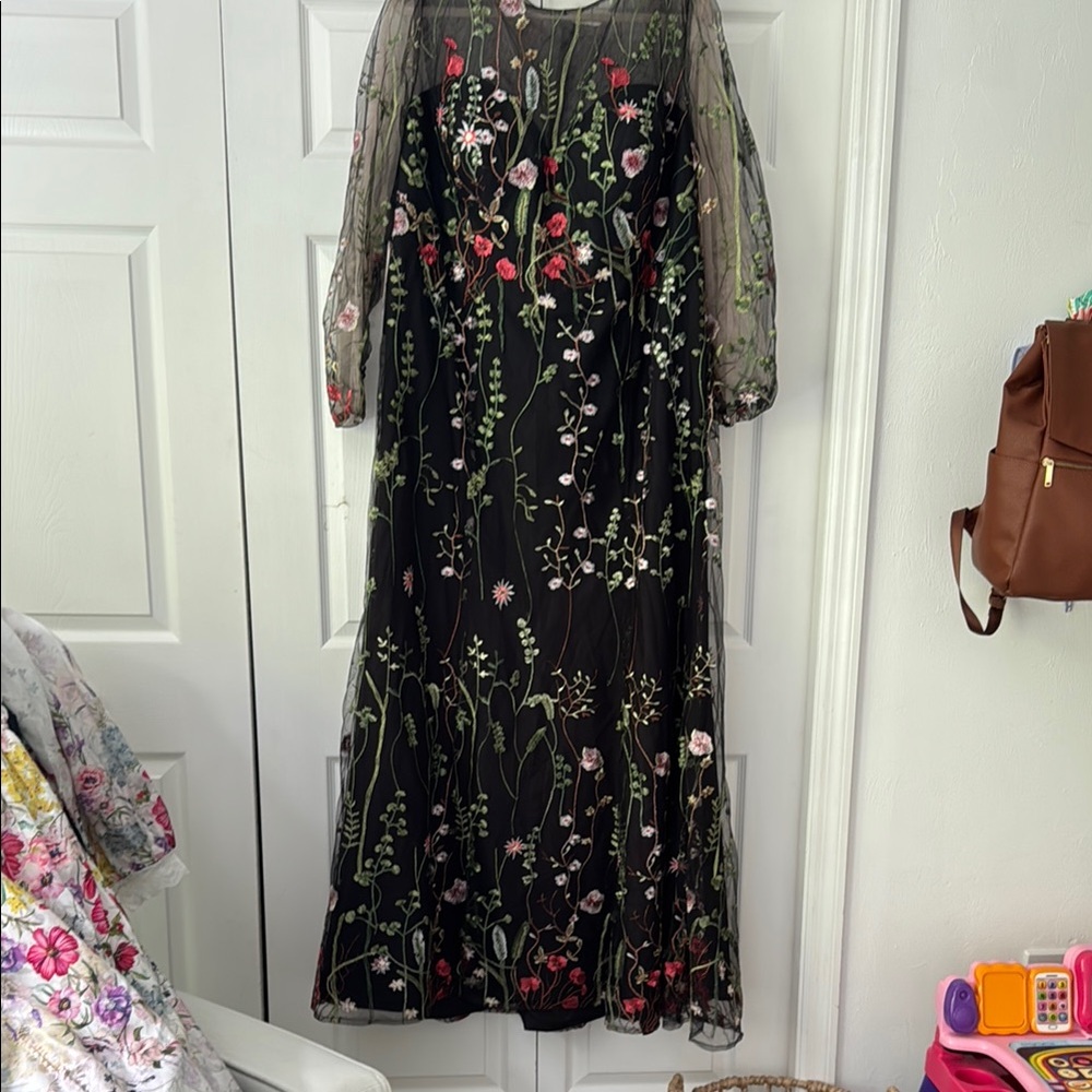Floral Embroidered Formal Black Dress